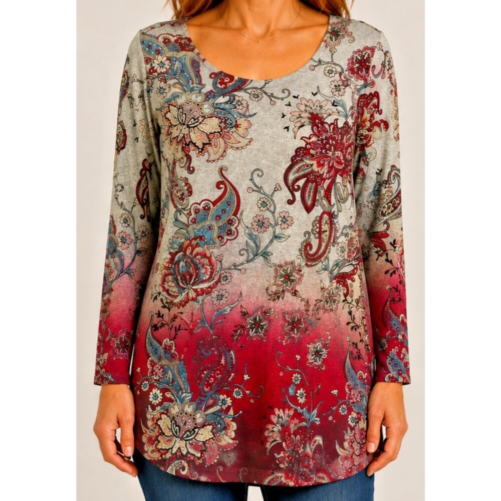 Clover & Pine Pink Gray Ombré Paisley Floral Long Sleeve Tunic, rhinestone Med